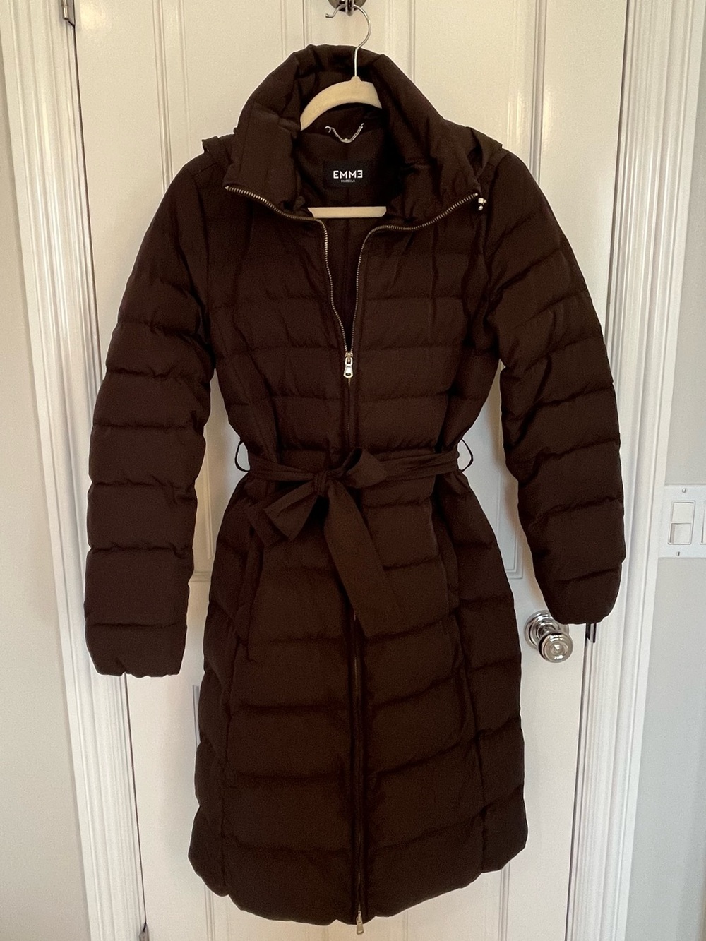 EMME MARELLA Chocolate Brown Quilted Belted Puffer Coat Long Parka size Medium